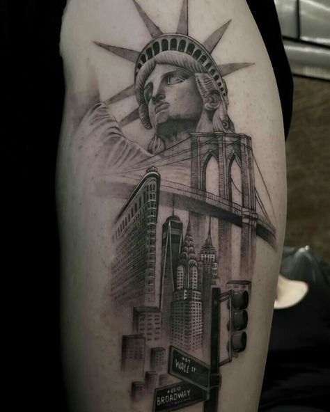 Queens Ny Tattoo, Ny Skyline Tattoo, New York Inspired Tattoo, Manhattan Tattoo, New York Tattoo Ideas, Nyc Tattoo Ideas, Nyc Skyline Tattoo, New York City Tattoo, Vegas Tattoos