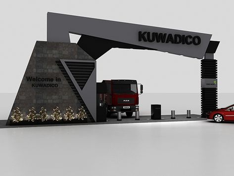 KUWADICO Gate on Behance Tradeshow Display, Office Building Plans, Compound Wall Design, Gate Wall Design, Commercial Design Exterior, Modern Gate, Front Gate Design, Entrance Gates Design, Showroom Interior Design