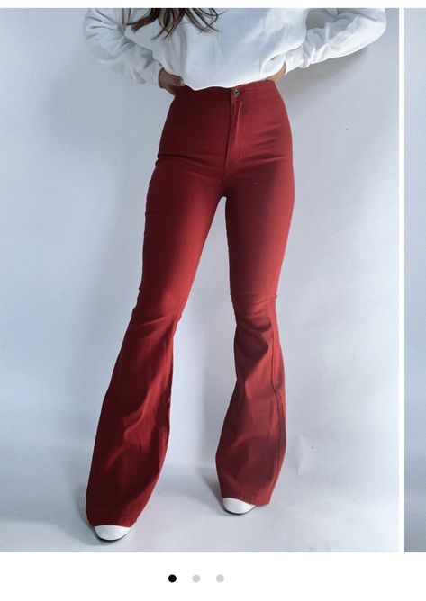 Red Flare Jeans Outfit, Red Flared Pants, Red Flare Jeans, Red Quince, Flare Jeans Outfit, Red Flare, Work Clothing, Red Leggings, Red Jeans