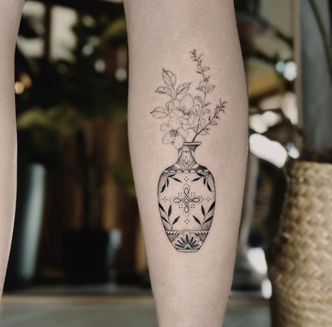 Calf Tattoos For Women, Vase Tattoo, Left Arm Tattoos, Hidden Tattoos, Cute Little Tattoos, Tattoo Design Book, Calf Tattoo, Line Art Tattoos, Tattoo Work