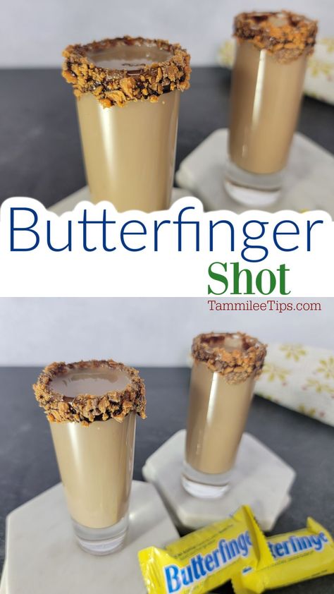 Easy Butterfinger Shot Recipe that tastes amazing! This is the perfect dessert cocktail shot for parties or after dinner. Quick and easy to make! All you need is Kahlua, Baileys Irish Cream, and Butterscotch Schnapps Wedding Cake Shots Alcohol, Candy Bar Shots, Carmel Vodka Pudding Shots, Easy Alcohol Dessert Recipes, Butterscotch Schnapps Shots, Buttershots Shots, Shots That Taste Good, Easy Fall Shots, Butterscotch Shots Recipe