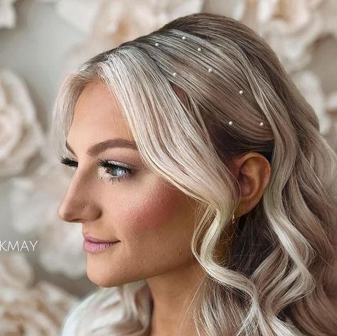 I Do Hair by Kimberly May LLC  Wedding/Event Hair - IL | WI on Instagram: "Tucked Back with Pearls, a fan fav.   What to ask for👇🏻  + Bangs left out with Light Framing + Sides Swept Back + Fluffy Waves + Pearls Pearls Pearls 🥰  Comment 🧜🏻‍♀️ for the Pearls!  🖤 Link in Bio * 2024/2025 Booking Inquiries * Rates * Discounts * Reviews  🖤 Save & Share with a friend needing inspo!  #idohairbykmay  #chicagoweddinghair  #chicagoweddinghairstylist  #lakegenevahairstylist  #weddinghairstylistchicago  #bridesmaidhair  #glamwaves  #longlastinghairstyle  #weddingtips  #weddinghairtips  #fluffywaves  #luxyhairpartner  #luxyhair  #halfuphalfdown #partypony #highupdo  #napervilleweddinghair #elginweddinghair #schaumburgweddinghair  #chicagosuburbsweddinghair" Slicked Hair With Pearls, Bride Hairstyle With Pearls, Bride Hair With Pearls, Bridal Hair Down With Pearls, Hair Down With Pearls, Pearl Hairstyles Wedding, Wedding Hair With Pearls, Wedding Hair Pearls, Hairstyles With Pearls