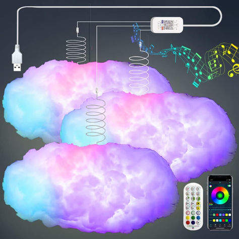 Big Cotton Cloud Lightning Light Kit: 3 clouds (L: 40-60CM, W: 25-35CM), USB, APP, 360° Wireless Music Remote, 6 Ceiling Buckles. Multi-color, music-sync, and easy install for bedroom, kitchen, displays, and social media videos. Connect with Bluetooth and customize with the DuoCo Stripx app for a stunning, synchronized lighting experience. 3d Clouds, Cloud Lamp, Cotton Clouds, Cloud Lights, Bedroom Ceiling, Novelty Lighting, Bedroom Ceiling Light, Strip Lights, Light Music