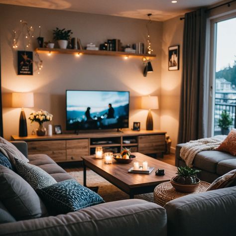 Living Room Tv Furniture Ideas, Cozy Chill Living Room, Apartment Lounge Decor, Cozy Family Apartment, Small Apartment Living Room With Tv, Low Ceiling Apartment Ideas, Small Condo Living Room Tiny Apartments, Semi Modern Living Room, Medium Sized Living Room Ideas