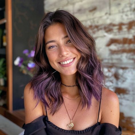 Purple With Dark Brown Hair, Dark Brown Hair With Tint Of Purple, Plum And Lavender Hair, Purple Balayage Light Brown Hair, Dark Brown Hair With Pops Of Color, Chocolate Hair With Purple Highlights, Purple Hair Subtle, Pastel Purple Highlights Brown Hair, Purple In Brunette Hair