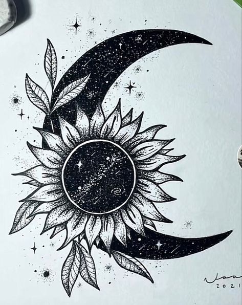 Sunflower And Firefly Tattoo, Sun And Moon Woman Tattoo, Miracles Tattoo Ideas, Witch Tattoo Cover Up, Sun And Moon Tattoo Cover Up, Pagan Sun Tattoo, Cover Up Moon Tattoo, Moon With Sunflowers Tattoo, Gothic Sunflower Tattoo