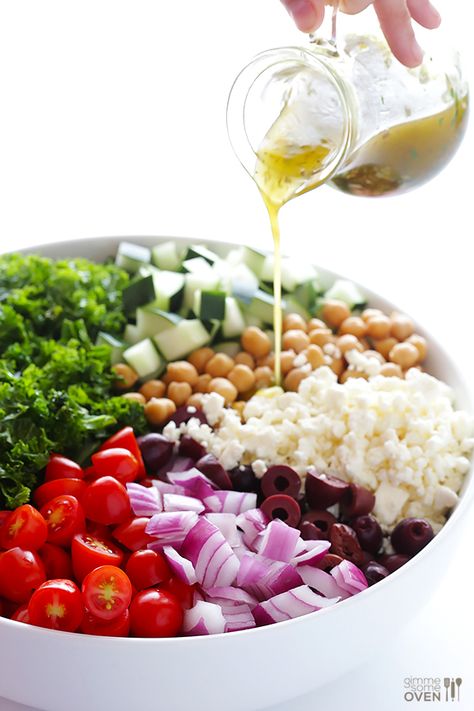 Chopped Kale Greek Salad - Gimme Some Oven Greek Kale Salad, Salad Chopped, Chopped Kale, Greek Salad Recipes, Gimme Some Oven, Greek Flavors, Kale Recipes, Kale Salad, Greek Salad