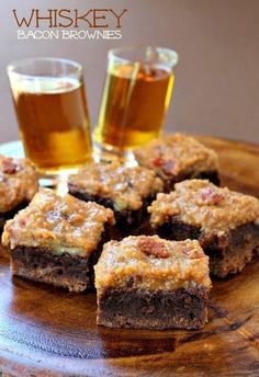 Whiskey Bacon Brownies on board with whiskey Whiskey Bacon, Bacon Brownies, Bacon Desserts, Boozy Baking, Alcoholic Desserts, Cake Mug, Chewy Brownies, Boozy Desserts, Bacon Recipes