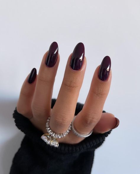 Very Dark Purple Nails, Dark Oval Acrylic Nails, Blackish Purple Nails, Formal Purple Nails, Dark Purple Oval Nails, Deep Purple Almond Nails, Prom Nails Dark Purple Dress, Dark Purple Black Nails, Almond Nails Dark Purple