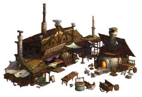 Décor Steampunk, Medieval House, The Forge, Medieval Houses, Building Concept, Fantasy Props, Structure Architecture, Building Art, Fantasy House