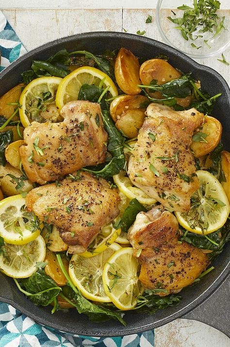 This easy one-pan skillet-roasted lemon chicken is perfect for weeknight dinners. Juicy chicken thighs are cooked in the same pan as baby potatoes and kale for a satisfying meal with the added bonus of minimal cleanup. #mediterraneanrecipes #mediterraneanfood #mediterraneandishes #mediterraneandiet #healthyrecipes Lemon Chicken Potatoes, Chicken And Kale Recipes, Healthy Lemon Chicken Recipe, Skillet Lemon Chicken, Healthy Lemon Chicken, Shrimp Roll, Tempura Shrimp, Easy Mediterranean Diet Recipes, Lemon Chicken Recipe