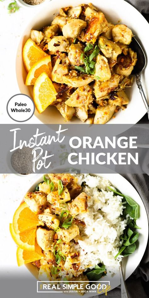 Sweet and sticky healthy orange chicken with either breasts or thighs in the Instant Pot in about 30 minutes! A sugar free takeout remake. Made with real oranges and orange zest, this recipe is Paleo + Whole30 and oh so delicious! #instantpot #chicken #pressurecooker Instant Pot Orange Chicken, Healthy Orange Chicken, Healthy Instant Pot, Orange Chicken Recipe, Takeout Food, Creative Cooking, Orange Sauce, Chicken Dish, Savory Chicken