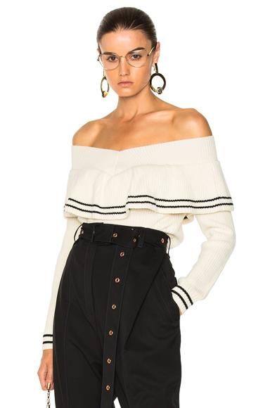 Striped Off Shoulder Sweater Shoulderless Sweater, White Off Shoulder Top, Ruffle Fabric, Ruffle Sweater, Chic Blouses, Ivory Tops, Off Shoulder Sweater, Long Sleeve Knit Sweaters, Wool Knit