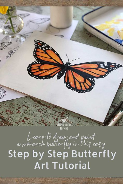 Learn how to draw and paint a monarch butterfly step by step. Easy art tutorial with FREE downloadable worksheets on skillshare.com Butterfly Step By Step, Draw And Paint, Butterfly Painting, Free Printable Worksheets, Easy Drawing, Monarch Butterfly, Learn To Paint, Simple Art, Easy Paintings