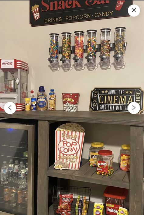 Movie Theater Snack Bar, Snack Room, Snack Corner, Cinema Theme, Basement Theater, Cool Boys Room, Movie Theater Rooms, Retro Games Room, Snack Organizer