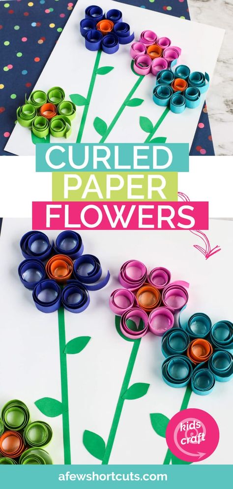 Pull out the construction paper and scissors for the kids. Time to make these fun Curled Paper Spring Flowers. Such a fun Kids Craft. | @AFewShortcuts #kidscraft #spring #craft #preschool #elementary #homeschool Paper Spring Flowers, Construction Paper Flowers, Paper Flowers For Kids, Diy Paper Art, Paper Spring, Construction Paper Crafts, Kids' Crafts, Crafts For Kids To Make, Camping Crafts