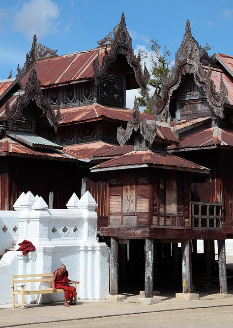 Achim on flickr, The Old Monk, at Shwe Yaunghwe Kyaung Monastery, Nyaungshwe, Myanmar Burmese House, Myanmar Architecture, Burmese Architecture, Myanmar Places, History Of Myanmar, Hall Of Mosses, Burmese Culture, Myanmar Country, Cape Flattery