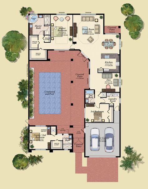 Spanish Courtyard House, U Shaped House Plans, L Shaped House Plans, U Shaped Houses, Indoor Pool House, L Shaped House, Courtyard Pool, Indoor Pools, Pool House Plans