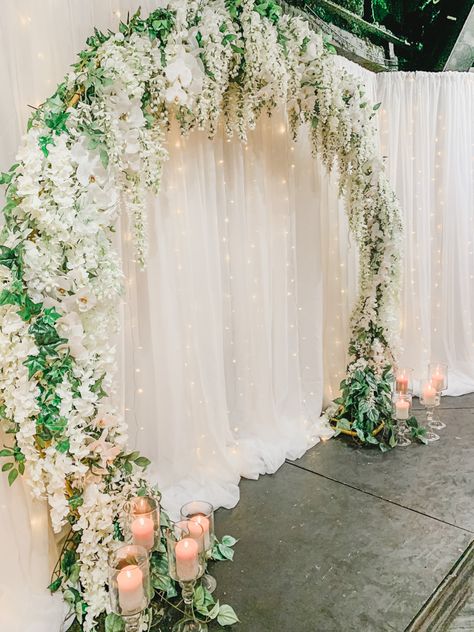 Balloon Arch With Wisteria, Hanging Wisteria Backdrop, Wisteria Balloon Arch, White Wisteria Wedding Arch, Wedding Arch With Wisteria, Wisteria Wedding Arch Hanging Flowers, Hanging Wisteria Wedding Arch, Wisteria Circle Arch, Diy Hula Hoop Chandelier Wisteria