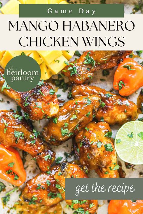 Mango Habanero Chicken Wings Mango Habanero Wings Recipe, Mango Habanero Chicken Wings, Habanero Jelly Recipe, Mango Habanero Chicken, Hot Wing Sauce Recipe, Mango Habanero Wings, Wings Recipe Oven, Boneless Wing Recipes, Habanero Wings