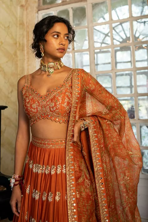 Rust Lengha, Rust Orange Saree, Burnt Orange Saree, Saree To Lehenga, Rust Orange Lehenga, Burnt Orange Lehenga, Punjabi Lengha, Orange Indian Outfit, Simple Chaniya Choli