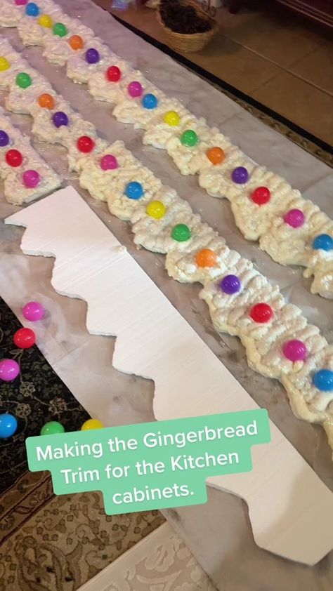 DIY Gingerbread trim for the kitchen cabinets! #christmas #DIY#gingerb... | TikTok Candyland Door Decorations Christmas, Gingerbread House Christmas Decorations Diy, Ginger Bread Float Ideas, Diy Gingerbread Kitchen Decorations, Turn Home Into Gingerbread House, Inside Of A Gingerbread House, Gingerbread Theme Parade Float, Gingerbread House Archway, Diy Christmas Decorations Candyland