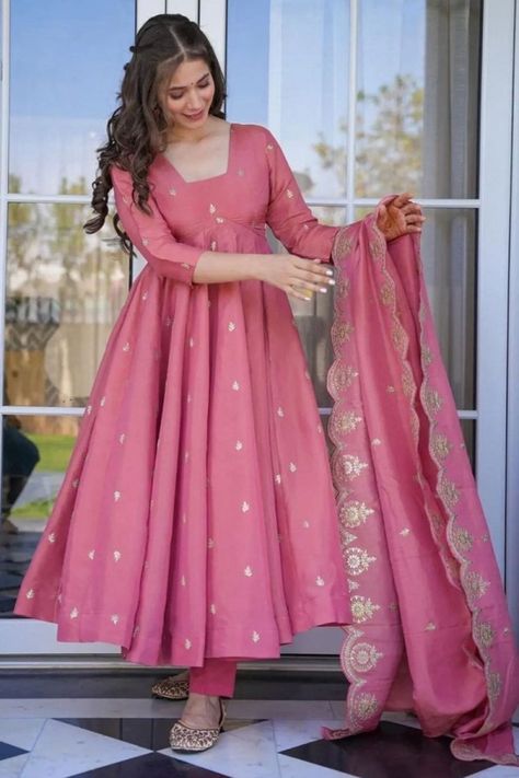 Punch Pink Silk Anarkali Pant Kameez with Embroidered Dupatta Anarkali Suits Heavy, Anarkali Dress New Design, Simple Silk Suit Designs, Simple Necklace Designs For Kurti, New Design Anarkali Dress, Casual Anarkali Suits, Back Less Kurti Designs, Anarkali Tops Designs, Ethnic Anarkali Dresses