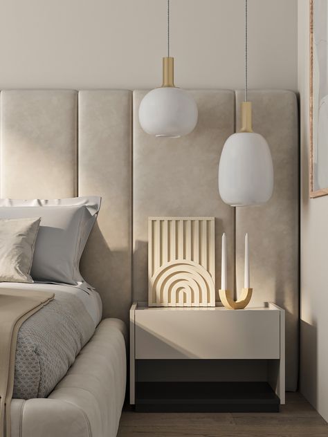 Bedroom. warm beige on Behance Warm Beige Bed, Guest Bedroom Ideas Contemporary, Headboard Ideas Bedroom Modern, Cream Headboard Bedroom Ideas, Beige Headboard Bedroom, Luxurious Bedrooms Master Modern, Master Bed Headboard, Bedroom Greige, Warm Beige Bedroom