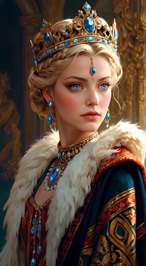 Coronation Fantasy Art, Queen Fantasy Art, Fantasy Royalty, Barbarian Woman, Historical Portraits, Queen Of France, Fantasy Queen, الفن الرقمي, Royalty Aesthetic