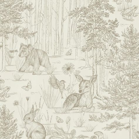 Dreamy Woodlands Toile - When I started drawing out this pattern, these words came to mind. ‘Dreamy’ to describe the serene atmosphere; a wondrous yet peaceful setting where animals come together in perfect harmony. ‘Toile’ to give a twist to the Toile de Jouy style I love so much. #wallpaperdesign #toiledejouy #woodlandswallpaper #wildernesswallpaper #tonsurton #interiorstyling #kidsroominspiration #wallstyling #forestwallpaper #angelstrumpetstudio #designbrief Arabic Pictures, Anthro Christmas, Woodland Illustration, Woodland Wallpaper, Toile Wallpaper, Dog Tree, Toile Pattern, Nursery Room Design, Kids Pjs