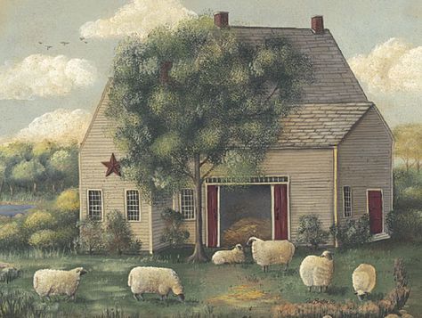 Wooly Sheep by artist Pam Britton Sheep House, Primitive Painting, Sheep Art, Primitive Folk Art, American Folk Art, Folk Art Painting, Country Art, Canvas Home, Big Canvas Art