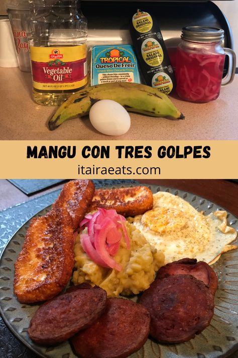 his dominican breakfast is truly something special. Mangu is mashed green plantains that usually topped with red onions. The tres goples I've learned is the "three hitters" and thats the accompaniment on the cheese, salami, and eggs. Santo Domingo, Mangu Recipe Dominican, Dominican Breakfast Recipes, Mangu Dominicano Recipes, Dominican Lunch Ideas, Dominican Salami Recipes, Easy Dominican Food Recipes, Easy Dominican Recipes, Dominican Breakfast Ideas