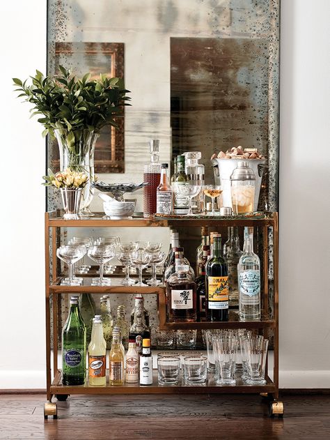 Stylish Bars and Bar Carts with a Collected Look - Cindy Hattersley Design Bar Trolley, Gold Bar Cart, Bar Cart Styling, Bar Vintage, Casa Vintage, Bar Cart Decor, Mini Bars, Mobile Bar, Home Bar Decor