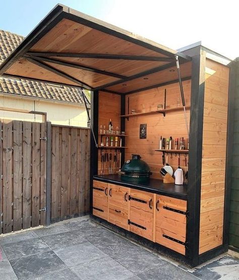 Very cool outdoor kitchen design. Weatherproof and concealed. Nice design Modern Patio Design, Diy Patio Decor, Outdoor Barbeque, Outdoor Kitchen Decor, Outdoor Bbq Kitchen, Build Outdoor Kitchen, Apartment Patio Decor, Backyard Kitchen, Deck Designs