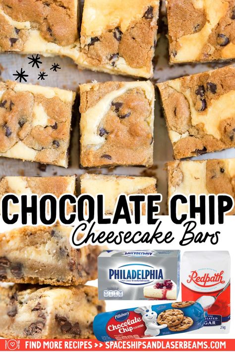 These decadent chocolate chip cheesecake bars are so easy to throw together and require only five ingredients. A chocolate chip cookie dough base is topped with creamy cheesecake filling and finished off with even more chocolate chip dough for a treat that will not disappoint. Pillsbury Chocolate Chip Cookie Dough, Chocolate Chip Dough, Simple Cookie Dough Recipe, Pillsbury Chocolate Chip Cookies, Chocolate Chip Cookie Dough Recipe, Chocolate Chip Cookie Dough Cheesecake, Cream Cheese Chocolate Chip Cookies, Cookie Dough Desserts, Cheesecake Bars Easy