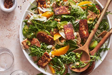 Delish Halloumi Salad Recipes, Fried Halloumi, Halloumi Salad, Easy Salad, Winter Salad, Cheese Fries, Arugula Salad, Easy Salad Recipes, Canned Chickpeas