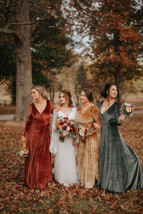 Wedding - SamieLee Photography Fall Bridal Party Dresses, Fall Wedding Velvet Bridesmaid Dresses, Fall Velvet Bridesmaid Dresses, Autumn Wedding Party Attire, Floral Bridesmaid Dresses Fall, Mismatched Bridesmaid Dresses Fall Autumn Color Palettes, Woodland Bridesmaid Dresses, Fall Wedding Black Bridesmaid Dresses, Autumn Wedding Bridesmaids