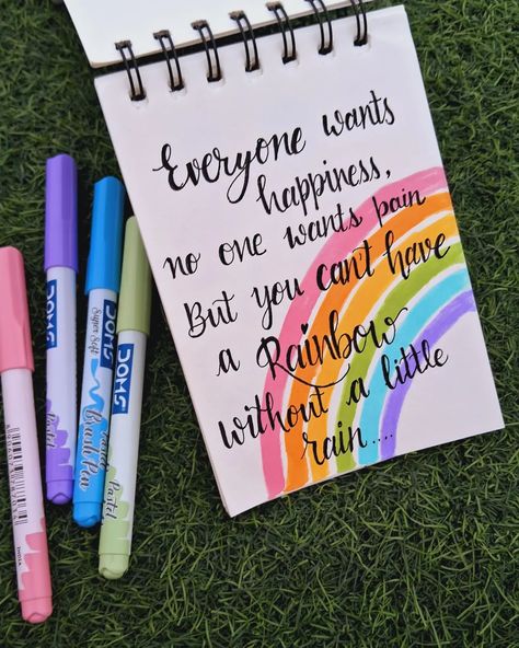 You can't have a rainbow without a little rain 🌈🌧 #calligraphy #motivationcalligraphy #motivation #calligraphyquotes #calligraphyartist Calligraphy Quotes Doodles, Focus On The Positive, Doodle Quotes, Bullet Journal Quotes, Bond Paper Design, Diary Writing, Bullet Journal Mood Tracker Ideas, Journal Inspiration Writing, Diy Journal Books