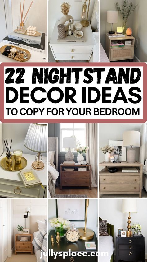 nightstand decor ideas, bedside table decor ideas, nightstand decorations, nightstand ideas, bedside ideas, bedroom ideas Bedroom With Dresser As Nightstand, What To Put In Bedside Table Drawers, Mirror Over Bedside Table Night Stands, Bed Sides Ideas, Guest Room Nightstand Ideas, Side Table Lamp Decor, Mens Bedside Table Styling, Feng Shui Nightstand, Styling A Bedside Table