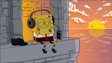 Spongebob Listening To Music, Spongebob Happy, Swag Poster, Listening To Music Aesthetic, Lo Fi Music, Playlist Covers Photos, Anime Smile, Music Happy, Spongebob Funny