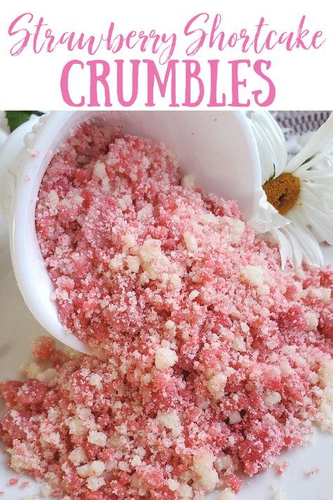 Strawberry Shortcake Crumbles deliver a pretty-in-pink punch of intense strawberry flavor and vanilla crumbles perfect for pies, cupcakes, and basically everything. This recipe as NO pudding mix for the vanilla portion, but does have jello for the ultra pink strawberry. How To Make Strawberry Crumble Topping, Strawberry Crunch With Jello, Diy Strawberry Crunch, Best Bakesale Ideas, Strawberry Shortcake Covered Strawberries, Strawberry Shortcake Waffles, Strawberry Shortcake Crumble Recipe, Strawberry Shortcake Filling Recipe, Strawberry Crunch Chocolate Covered Strawberries