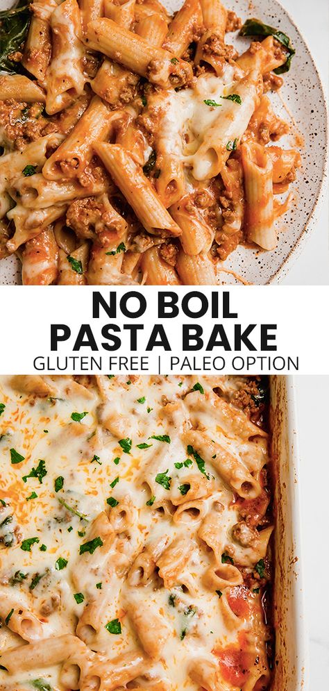 This no-boil pasta bake is weeknight magic! It's made with gluten-free pasta, ground beef, spinach, and requires zero boiling. Essen, No Boil Pasta Bake, Gluten Free Pasta Bake, No Boil Pasta, Ground Beef Spinach, Pasta Ground Beef, Gluten Free Pasta Dishes, Gluten Free Casserole, Unbound Wellness