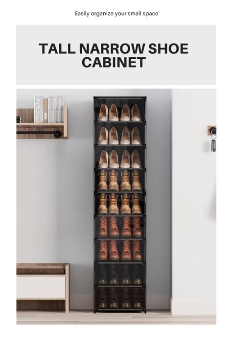 This 9 Tiers Tall Narrow Shoe Storage Cabinet is great for entryways and foyers can fit 18 pairs of adult shoes, short boots and high top sneakers. Tall Boot Storage, Shoe Storage Display, Narrow Shoe Storage, Narrow Shoe Cabinet, Slim Shoe Cabinet, Shoe Storage Small Space, Narrow Shoe Rack, Small Foyer, Shoe Cubby