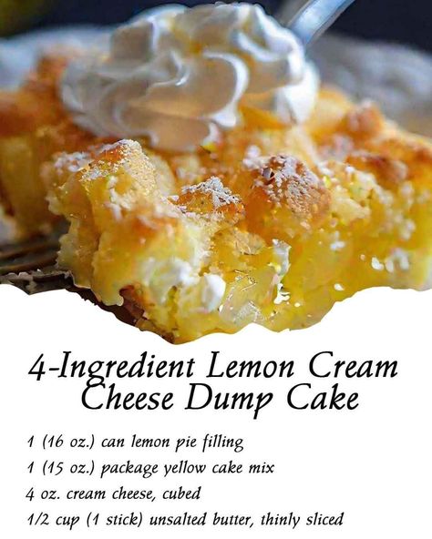 Lemon Cream Cheese Dump Cake, Cream Cheese Dump Cake, Lemon Dump Cake Recipe, Lemon Cake Mix Recipe, Thanksgiving Dessert Recipes, Dump Recipes, Lemon Pie Filling, Cake Mix Desserts, Dump Cakes