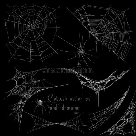 Hand drawing cobweb set vector illustration Spider Web Drawing, Spider Illustration, Spider Webs, Witch House, Hand Drawing, Spider Web, Custom Paint, Drawing Tutorial, Black Backgrounds