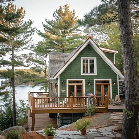 Image Canadian Cottage Decor, 70s Mountain House, Lake Cabin Exterior Small Cottages, Small Cottage Home Exterior, Mountain Style Home Exterior, Small Cabin In Woods, Coastal Maine Homes, Lake Cabin Exterior Colors, Nature House Exterior