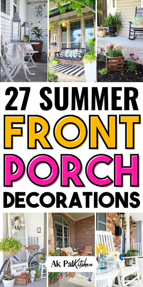 Summer front porch decor to inspire! Dive into our vibrant colorful DIY summer porch decorations, beach-themed porch decor, and rustic summer porch decorating ideas. Upgrade your space with DIY summer decor projects like summer porch planters, and festive DIY summer wreaths for front doors. Explore modern front porch designs and vintage porch decorations. Find the perfect front porch furniture ideas, bright porch textiles, summer porch signs, and porch swing decorating ideas! Front Porch Diy Ideas, Summer Front Porch Decorating Ideas, Front Deck Decorating Ideas, Porch Bench Decorating Ideas, Front Porch Summer Decor Ideas, Simple Porch Decor, Summer Porch Decor Front Entry, Cute Front Porch Ideas, Country Front Porch Ideas