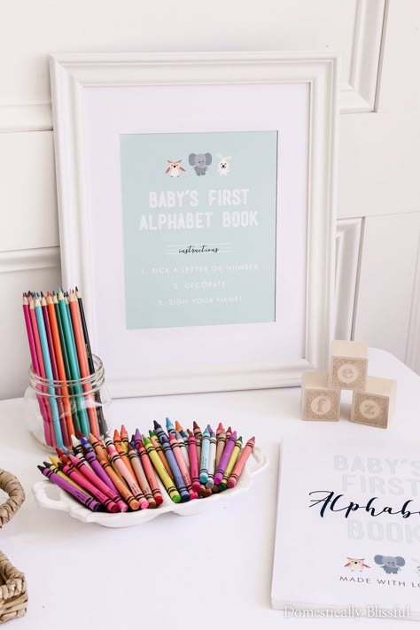 Baby Shower Kids Table Ideas, Kids Table Baby Shower, Kids Activities At Baby Showers, Table Baby Shower Games, Baby Shower Table Display, Cute Baby Shower Activities, Abc Baby Shower Book, Baby Shower Simple Games, Baby Guest Book Ideas