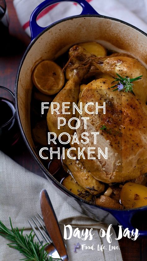 A heart-warming classic, French Pot Roast Chicken or ‘Poulet au Pot’ is a terrific recipe for beautifully juicy, tender chicken with flavoursome root vegetables and a rich gravy. Best of all, it's all cooked in one pot so less washing up! French Pot Roast, Pot Roast Chicken, French Chicken Recipes, Le Crueset, Roast Chicken And Gravy, Cheddar Cornbread, Easy Roast Chicken, Whole Chicken Recipes, Classic French Dishes