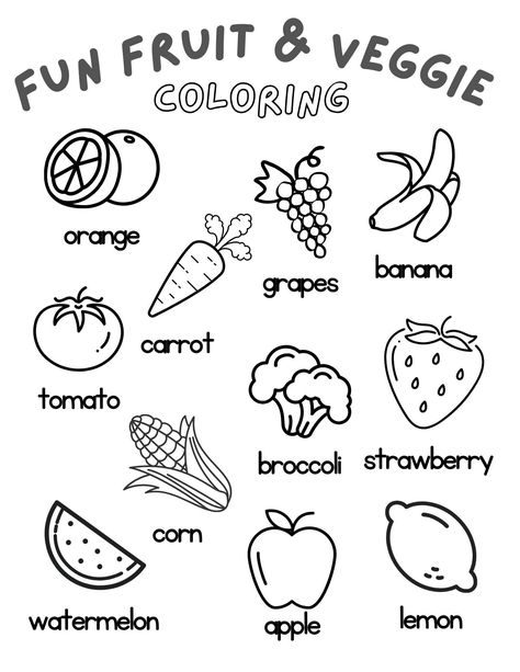 Help your kids learn about the colors of different fruits and vegetables with a fun coloring sheet! Coloring Pages Fruits And Vegetables, Fruits And Vegetables Activities Toddler, Fruits And Vegetables Lesson Plan, Fruit And Vegetables Worksheet Preschool, Coloring Fruits For Kids, Vegetable Templates Free Printable, Fruits And Vegetables Printables, Fruits And Veggies Activities Preschool, Vegetables Worksheets Kindergarten